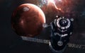 Mars. Inhabited red planet of solar system. The space station is blurred in motion. 3D render
