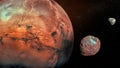 Mars with its two cratered moons Phobos and Deimos. Royalty Free Stock Photo