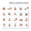 Mars landing color icons set