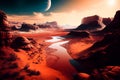 Mars landscape, alien planet background, red desert surface with mountains, craters, saturn and stars shine on green sky Royalty Free Stock Photo