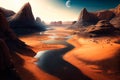 Mars landscape, alien planet background, red desert surface with mountains, craters, saturn and stars shine on green sky