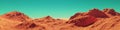 Mars landscape panorama, 3d render of imaginary mars planet terrain Royalty Free Stock Photo