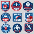 Mars mission vector space emblems. Astronaut travel badges