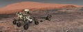 Mars. The Perseverance rover deploys its equipment against the backdrop of a true Martian landscape. Exploring Mission To Mars.