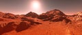 Mars planet background, 3d render of imaginary mars planet terrain, orange eroded desert with mountains and glaring sun Royalty Free Stock Photo