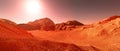 Mars planet background, 3d render of imaginary mars planet terrain, orange eroded desert with mountains and glaring sun Royalty Free Stock Photo