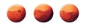 Mars planet illustrations, three distinct views showcasing surface features and colors, vibrant red hues, artistic