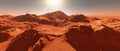 Mars planet landscape, 3d render of imaginary mars planet terrain, orange eroded desert with mountains glaring and sun Royalty Free Stock Photo