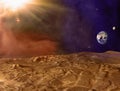 Mars planet landscape. Dust storm on Mars. Earth and Moon on horizon Royalty Free Stock Photo