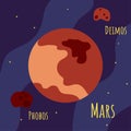 Mars planet vector illustration flat style. Red planet with its Phobox and Deimos moons and starry space Royalty Free Stock Photo