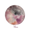 Mars planet watercolor isolated on white background. Watercolour hand drawn gray, rose and beige planet magic art work