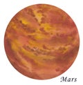 Mars Planet watercolour illustration. Hand drawn on white background, isolated.