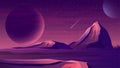 Mars purple space landscape with a large planets, starry sky, meteors and mountains.