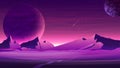 Mars purple space landscape with large planets on purple starry sky, meteors and mountains. Nature on another planet.