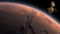 Mars Reconnaissance Orbiter, MRO orbiting Mars. Mars Planet Rotating in the outer space.Traveling to the red planet Mars in space