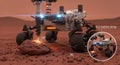 mars rover exploring the surface, drilling into a rock formation, showcasing advanced technology and scientific exploration on the Royalty Free Stock Photo