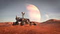 Mars rover exploring surface of Mars. Image of automated robotic space autonomous vehicle on the red Mars planet. Space