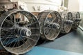 Mars rover. Imitation of a Mars rover wheel close-up. The stones imitate lunar soil. The axle, spokes, metal mesh frame, and base