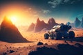 Mars rover during mission, futuristic space vehicle on alien planet surface, generative AI