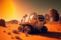 Mars rover during mission, futuristic space vehicle on alien planet surface, generative AI