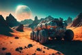 Mars rover during mission, futuristic space vehicle on alien planet surface, generative AI