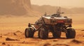 Mars rover moves on sandy surface, vintage vehicle in Martian desert, futuristic wheel robot on mountain background. Concept of
