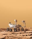 Mars Rover Perseverance exploring the red planet. Exploration mission in 2021. Rocky soil and dense, sandy atmosphere.NASA element