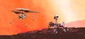 Mars rover Perseverance and helicopter ingenuity on red sky background,Elements of this image furnished by NASA 3D illustration Royalty Free Stock Photo