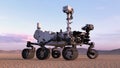 Mars Rover, robotic autonomous space vehicle on a deserted planet with hills in background, 3D render