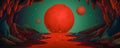 Mars - vector cartoon background. Marsian cave landscape with an underground lava river and red planets. Vector