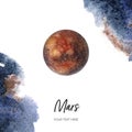 Mars on white background with watercolor spine. Hand drawn watercolor illustration.