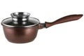 Marsala colored metal enamelled ladle, with a long plastic handle, with glass lid