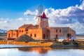 Marsala, Italy. Stagnone Lagoon with vintage windmills and saltwork, Trapani province, Sicily