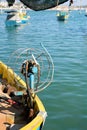 Marsaxlokk, Malta, August 2019. A close-up of the steering gear on the bow of a boat.