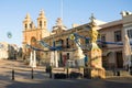 Marsaxlokk, Malta, August 2019. The main Catholic temple and square with statues of saints. Royalty Free Stock Photo