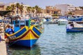 Marsaxlokk, Malta - June 22, 2019 - View on the small boats in the fishing villga on Malta