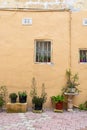 Yellow facade an pottery plants of a residential house