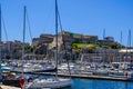 Marseille embankment with yachts and boats in the Old Port and Fort Saint-Nicolas. Vieux-Port de Marseille