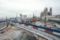 Panorama of the construction site of Euromediterrannee with La Major Cathedral in background. Royalty Free Stock Photo