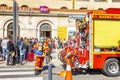 Marseille, France, 08/10/2019: Firefighters at the city`s railway station. Evacuated passengers are waiting on the street