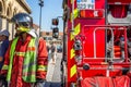 Marseille, France, 08/10/2019: Firefighters at the city`s railway station. Evacuated passengers are waiting on the street