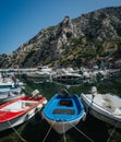 MARSEILLE, FRANCE - JUNE 23, 2016: Boats moored in harbor of Calanque de Morgiou, Calanques National Park. Scenic view travel Royalty Free Stock Photo