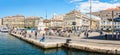 Panoramic view of the quai des Belges seen from the basin of the Old Port of Marseille, France Royalty Free Stock Photo