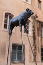 Sculpture of a bull on stilts near City Hall in Marseille city