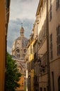 Marseille, France. Panier quarter in the old town. Narrow colorful street and Cathedral La Major