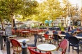 Marseille, France, 10/07/2019: Street cafe on a large square in a European city