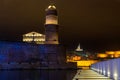 Marseille Old Port with lighthouse Fort Saint-Jean and Notre Dame de la Garde in France