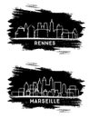 Marseille and Rennes France City Skyline Silhouette set. Hand Drawn Sketch. Business Travel and Tourism Concept with Modern