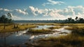 Marsh created with Generative AI. Marshland with lots of water, grass and a few trees. Royalty Free Stock Photo