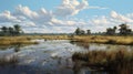 Marsh created with Generative AI. Marshland with lots of water, grass and a few trees. Royalty Free Stock Photo